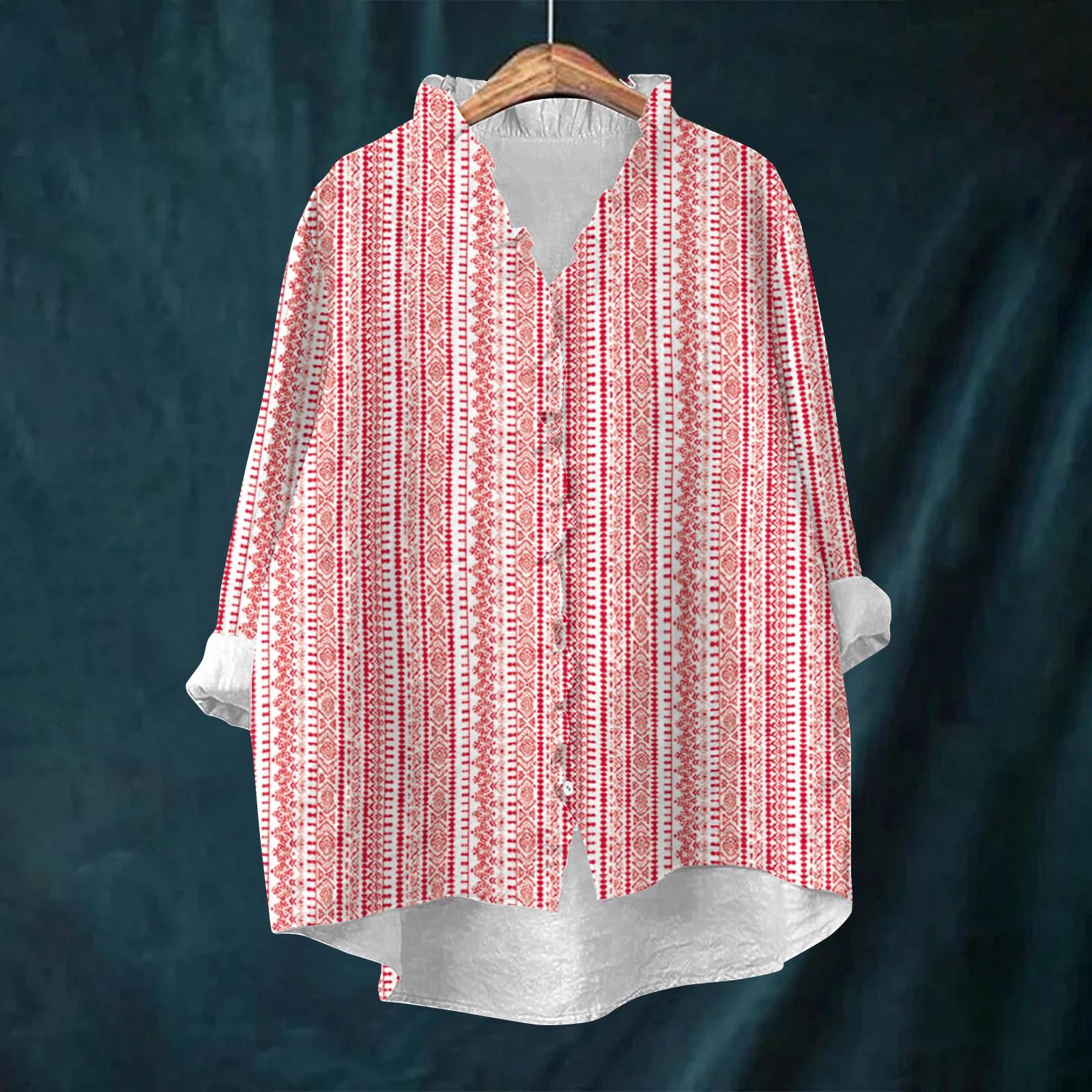Women s Loose Ruffled Retro Floral Print Stand Collar Long Sleeve Cotton And Linen Top XL