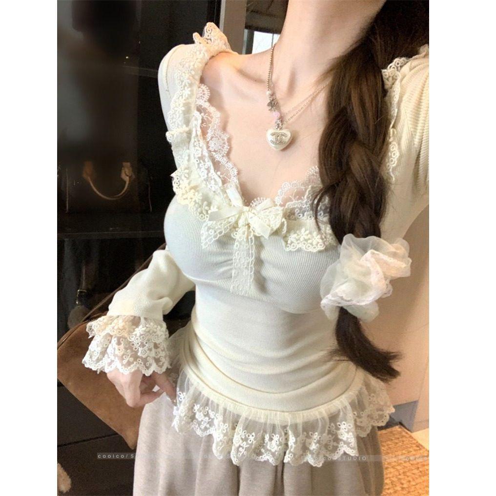 Threaded Plush Lace Bow V-Neck Long Sleeve Women s Slim Fit Base Layer Small абрикосовый