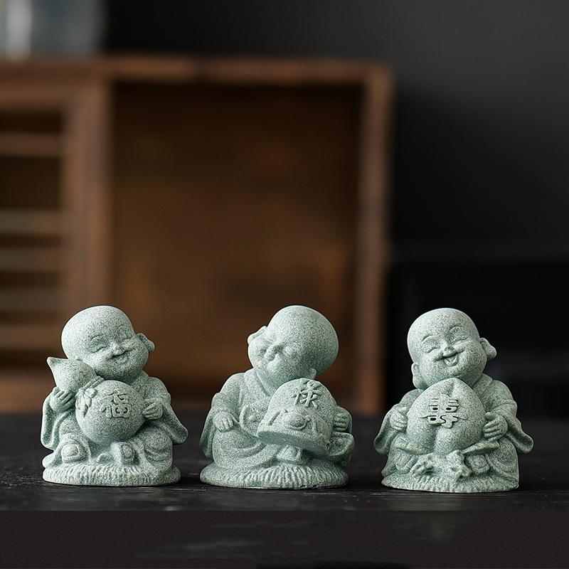 Green Sandstone Fu Lu Shou Little Monk sculptures and figurines Cute Home Room Office Wealth Luck Feng Shui Decor statuette