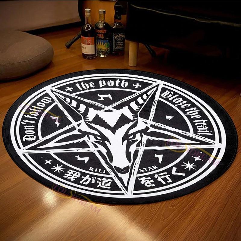 Personalized Carpet Round Carpet Satanic Cat Goat Impaled Throne Area Atheist Carpet Black Cushion Living Room Home Decor