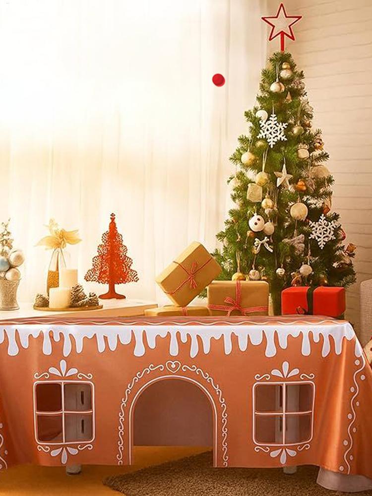 Christmas Table Cover Gingerbread House Washable Reusable Farmhouse Table Runner for Picnic Party Harvest Kitchen Dinner