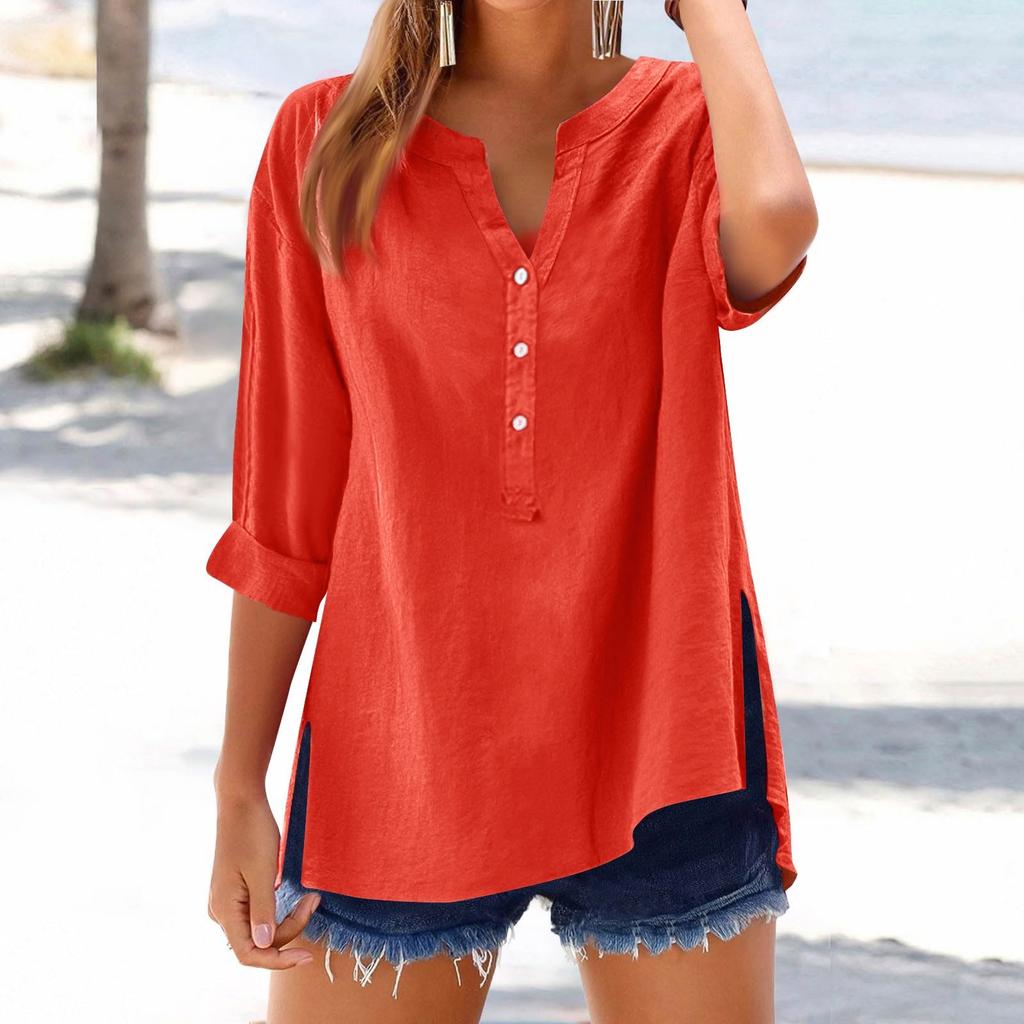 Women's Casual V-Neck Button Down Shirt Solid Color Long Sleeve Hem Split Cotton Blouse