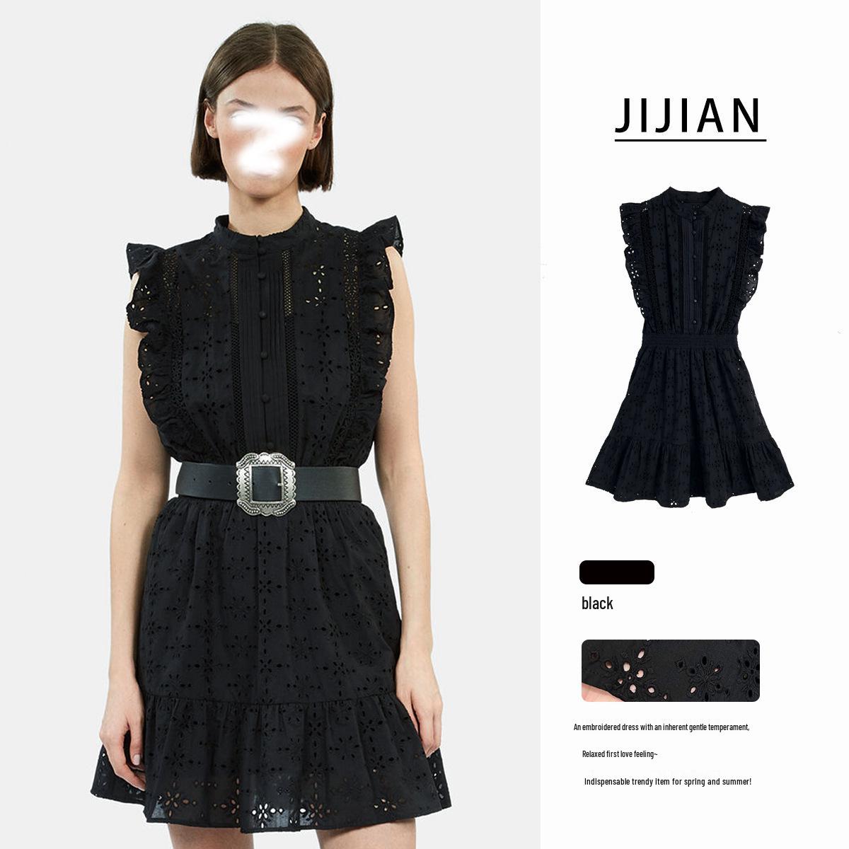 

Black French-Style Embroidered Cutout Short Sleeve Dress 38