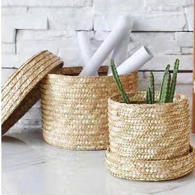 1Pcs Desktop Storage Basket With Lid Straw Woven Snack Small Toy Organizer Multi-Purpose Organization Box Hand Gift Box