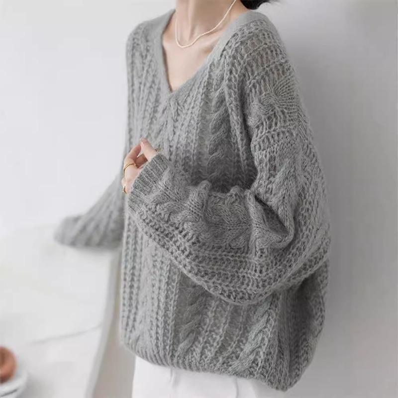 Soft waxy gentle wind sweater women's spring knitted sweater collar hollow knitted sweater lazy wind loose top tide