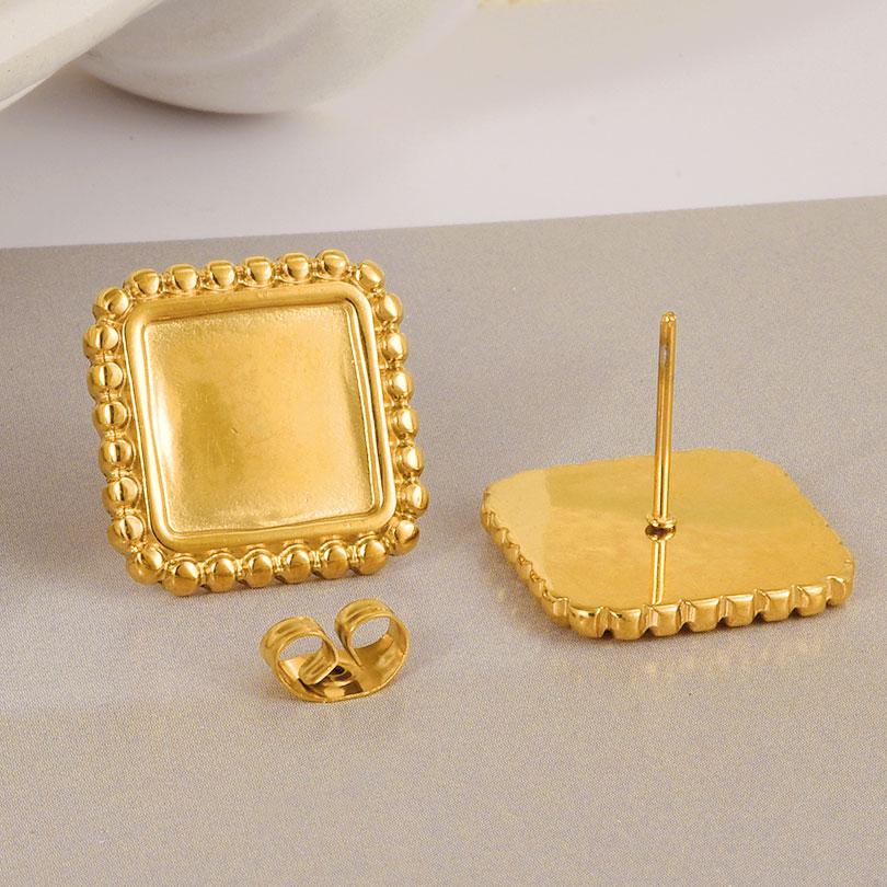 Geometric Round Square Heart Snake Blank Settings Cobochons Stainless Steel Ear Studs For Women Men Real Gold Plated DIY Jewelry