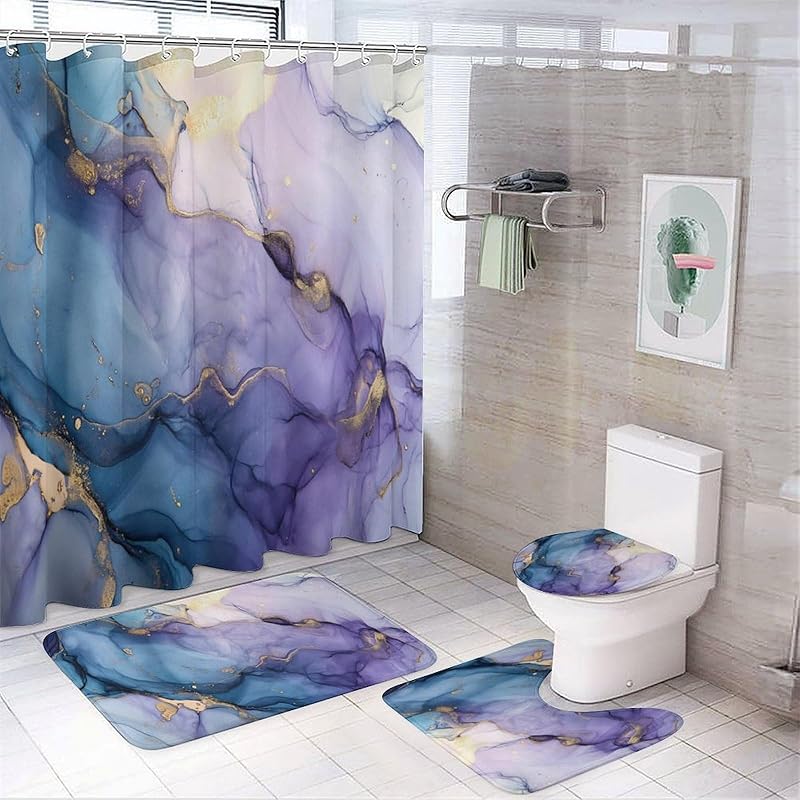 Balkabağı Kartalı Duş Perdesi Setleri Halılarla 4 Parça, Banyo Tuvalet Banyo Paspası için Dekor, 3D Baskı, Mavi Soyut Yabani Hayvan Vatansever Kuş Polyester
