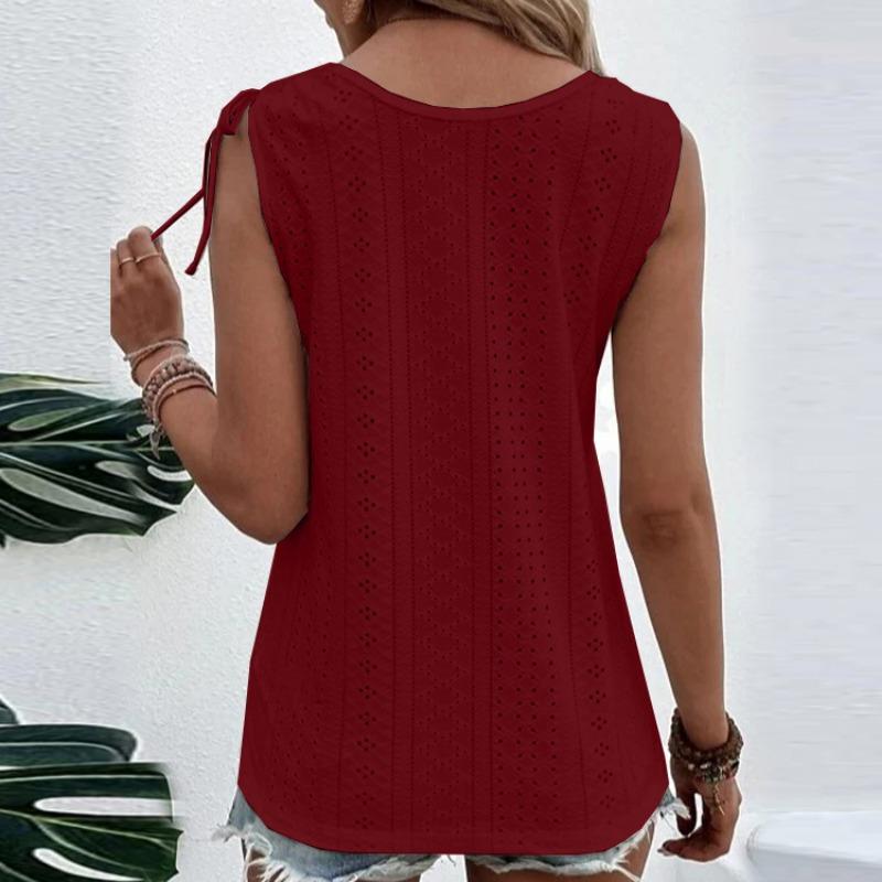 U Neck Summer Women Hollow Out Tank Tops Sweet Solid Color Sleeveless Blouse Fashion Elegant Buttons Shirts Large Size Office Simple Casual Clothing