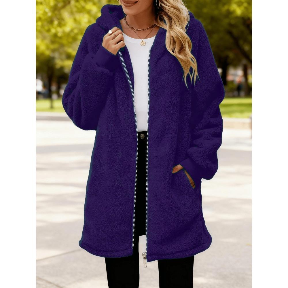 Damen Plüsch Reißverschluss Jacke Mit Kapuze Locker Langarm Pelzig Strickjacke Winter