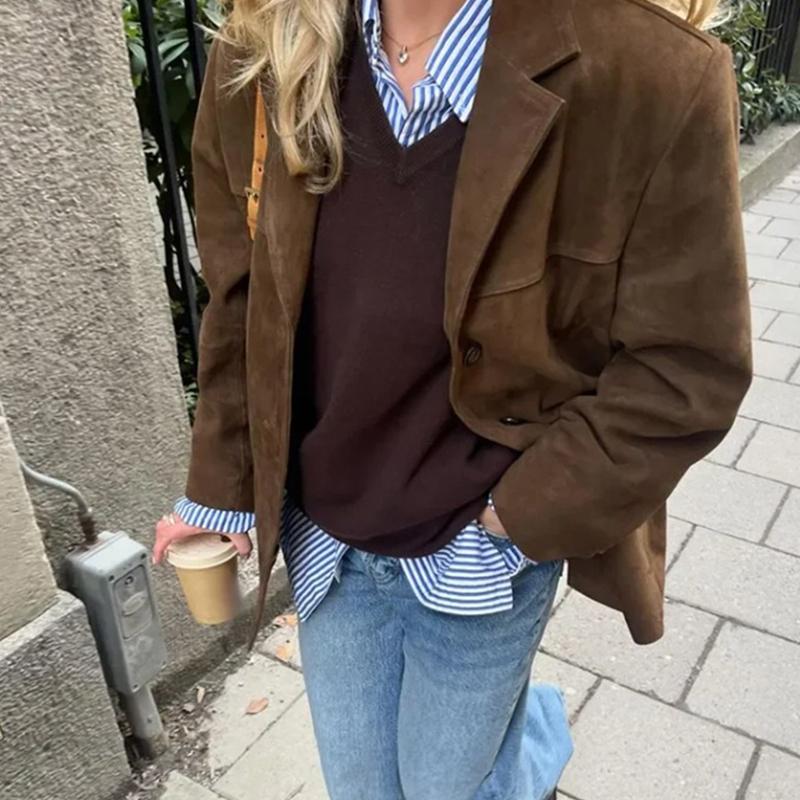 Jachetă de piele de căprioară vintage pentru femei cu rever cu buzunar paltoane pentru femei Hight Street Casual modă cardigan cu mânecă lungă toamnă iarnă jachete de bază maro