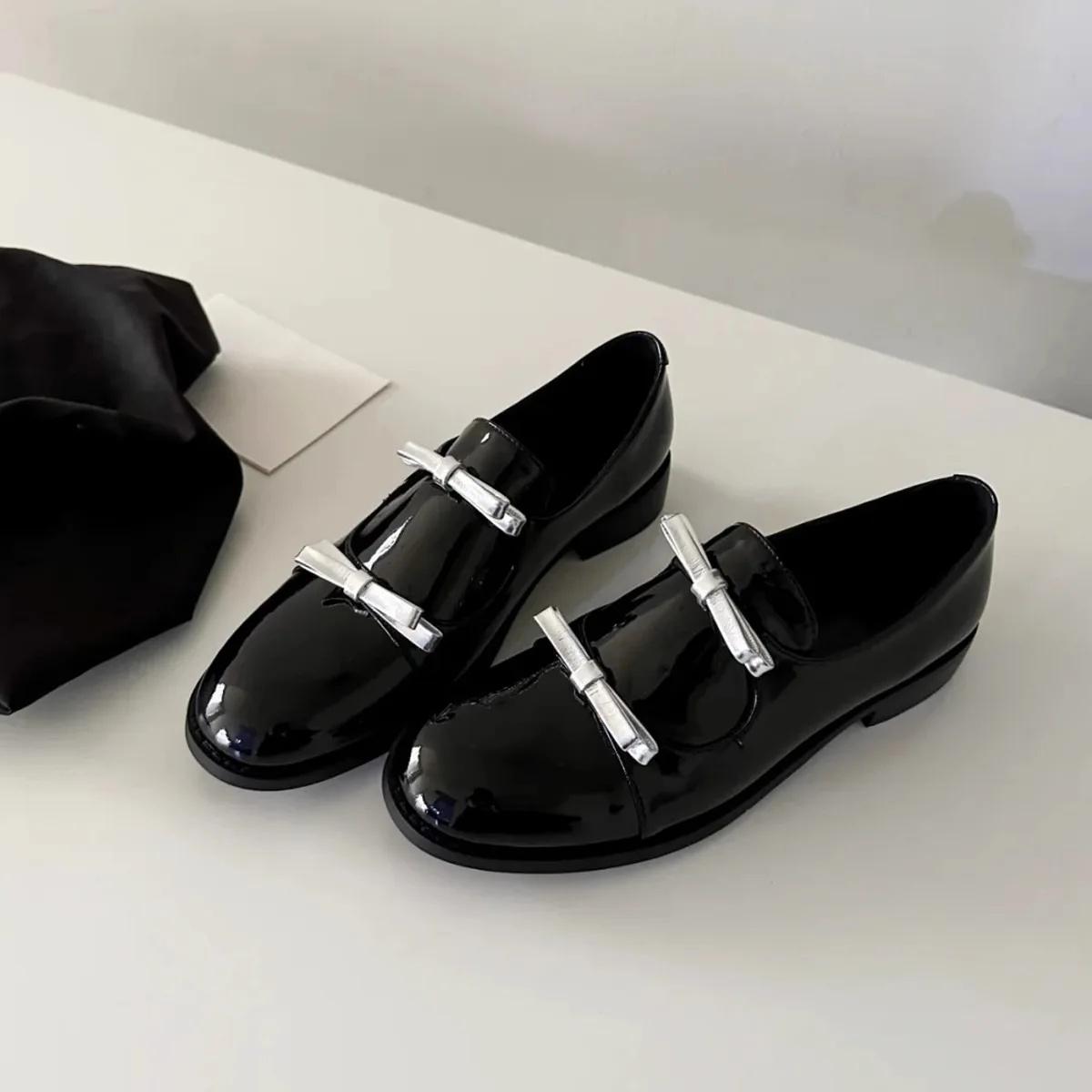 

Fashion Retro British Style Mary Jane Women s Round Toe Chunky Heel Single Shoes with Bow Tie Comfortable Leather Loafers for Autumn Win 35 серебряный