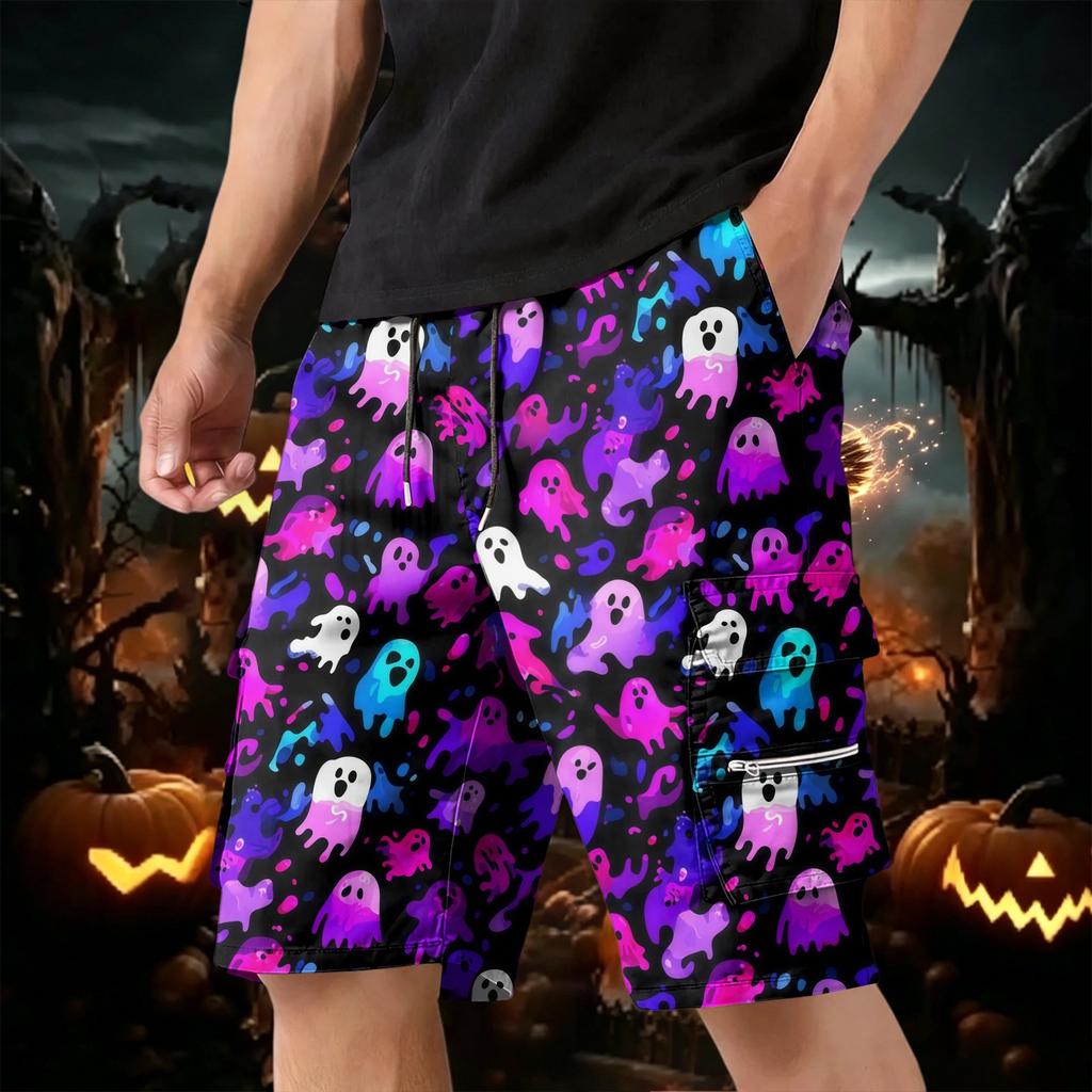 Men Drawstring Multi Pocket Cargo Shorts with Halloween Pumpkin Print Casual Loose Fit Knee Length Trousers for Daily Wear