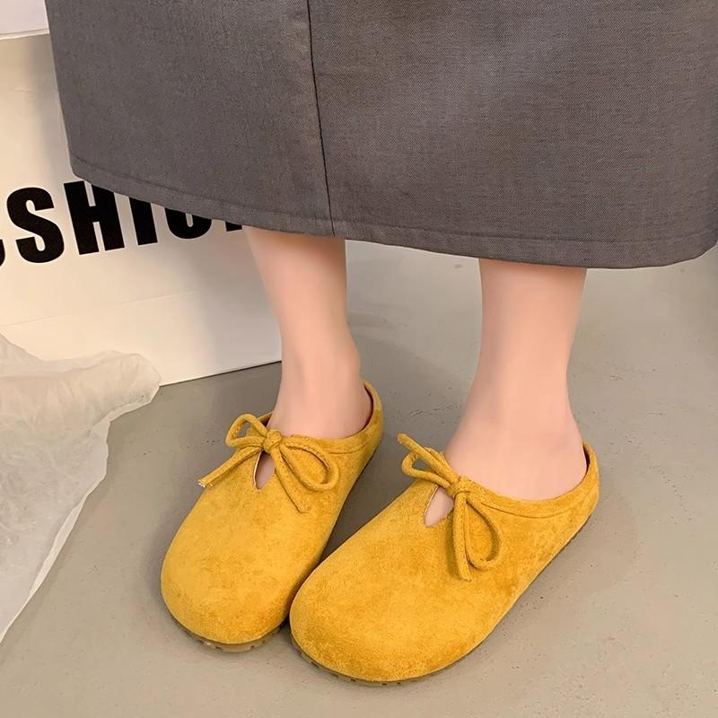 Retro versatile flat-bottomed bag head slippers women's spring new bow one-pedal soft-soled half slippers