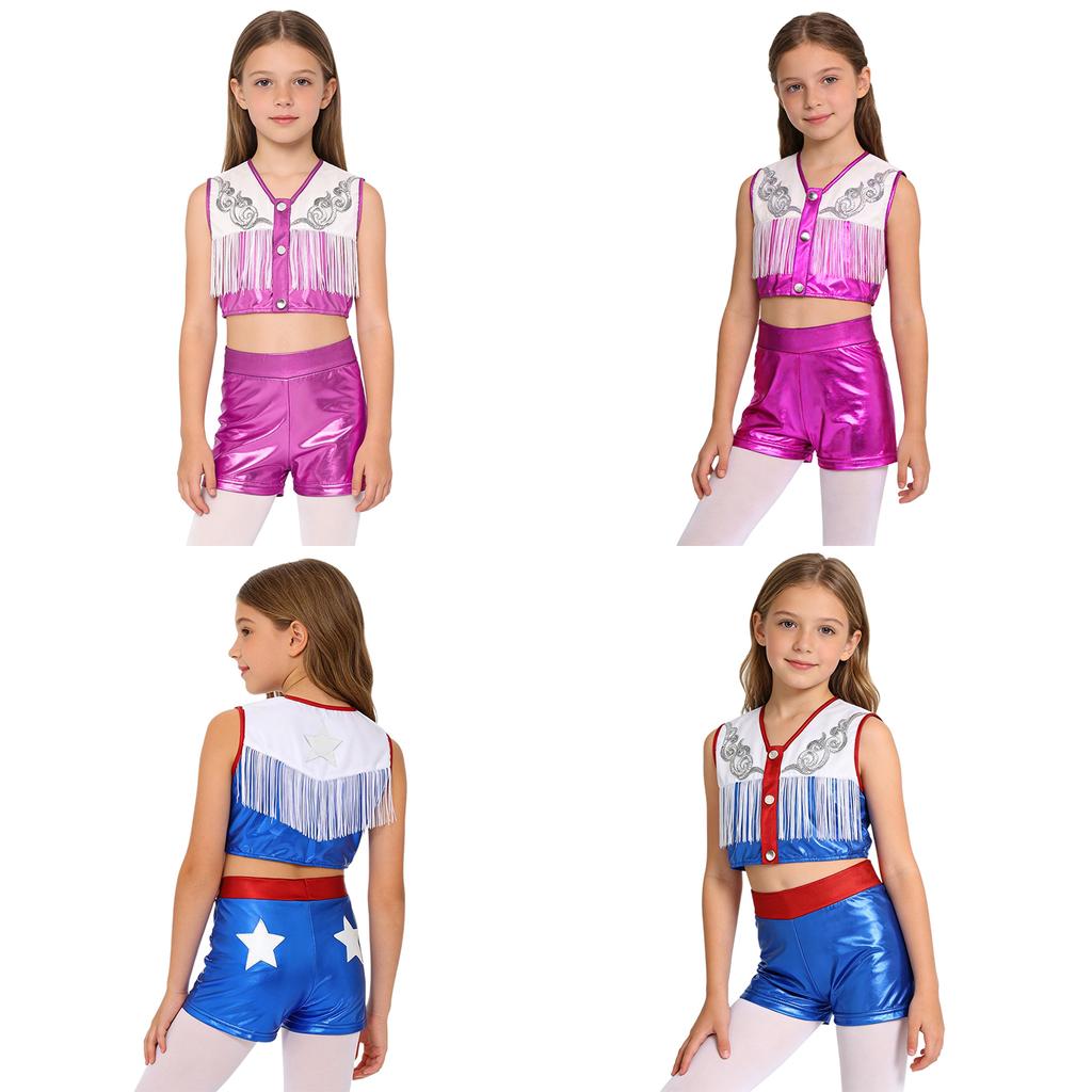 Children‘s Cowgirl Costume Set Sequins Metallic Fringe Sleeveless Top and Matching Shorts for Western Theme Fancy Ball Party