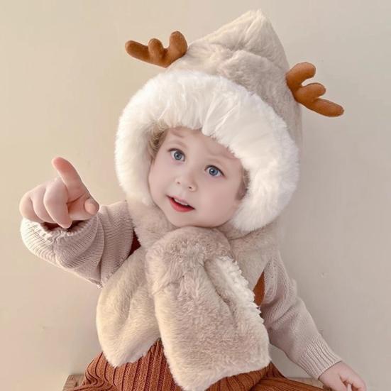 Children Hat With Scarf Design Antler Decoration Thickened Warm Plush Winter Hat