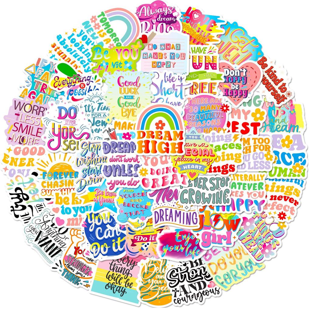 50 English Text Doodle Stickers Cartoon Color Encouragement Reward Stickers DIY Suitcase Decoration Stickers
