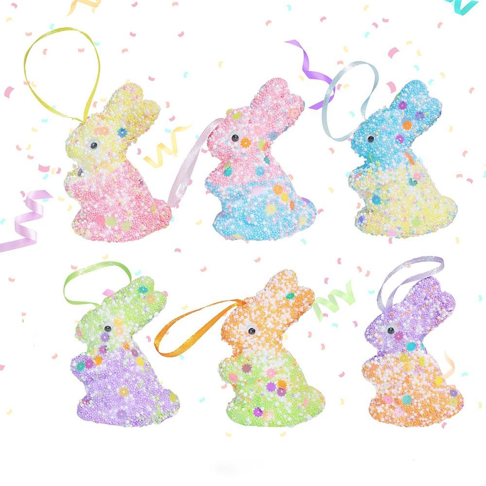 

6Pcs Animal Mold Foam Easter Rabbit Painted Easter Tree Pendants Sequin Bunny Ornament Celebration Style A