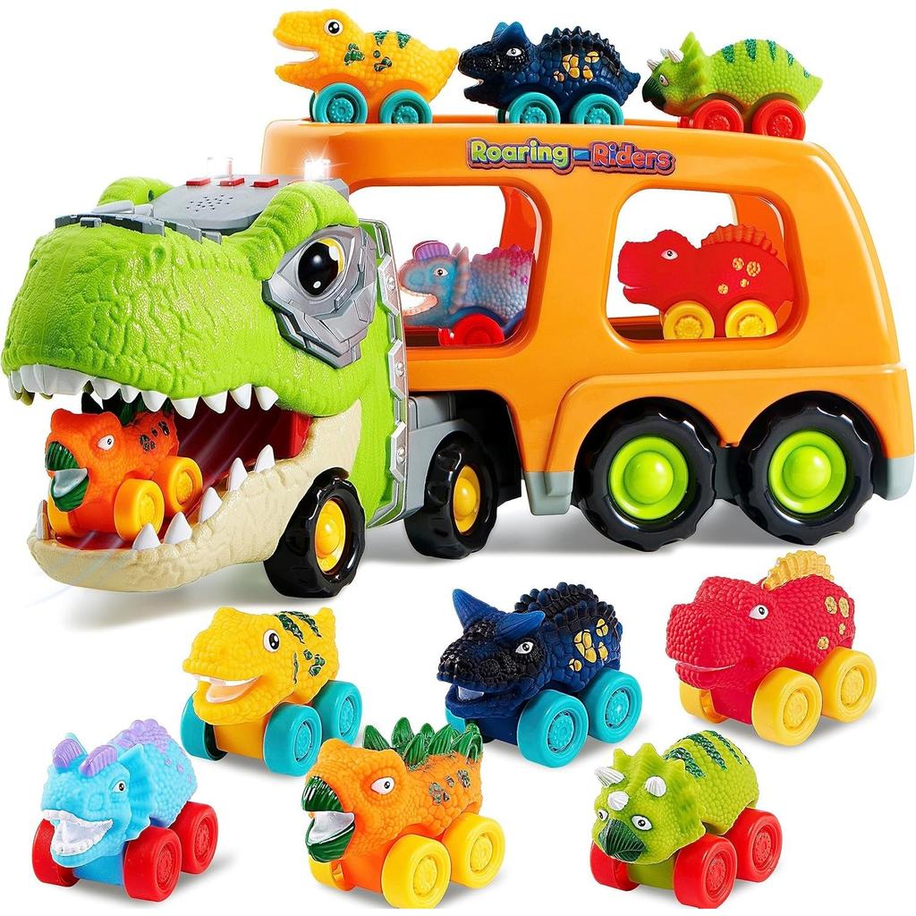 JOYFY Dinosaurier-LKW Spielzeugauto-Transporter-LKW Spielzeug mit 6 Gummiauto-Fahrzeugen für Kleinkinder 3-8 Jahre Geburtstags-Weihnachtsgeschenke