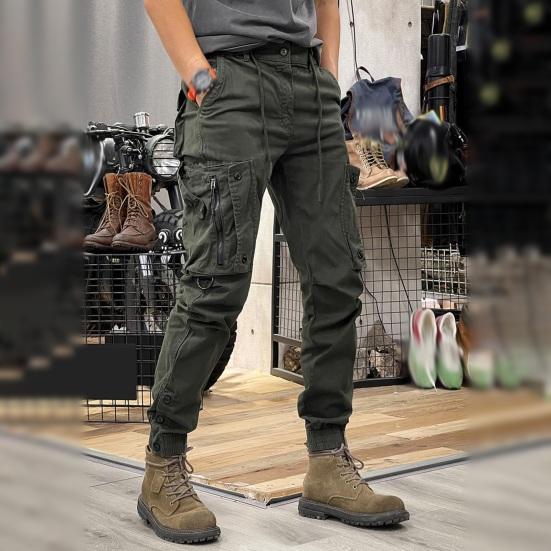Pantaloni Cargo da Uomo Primavera Autunno Vita con Coulisse Tasche Multiple Caviglia Elastica Colore Unico