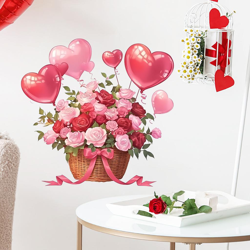 Romantic Heart Basket Floral Wall Sticker Self-Adhesive Removable for Bedroom Dorm Room Home Decor