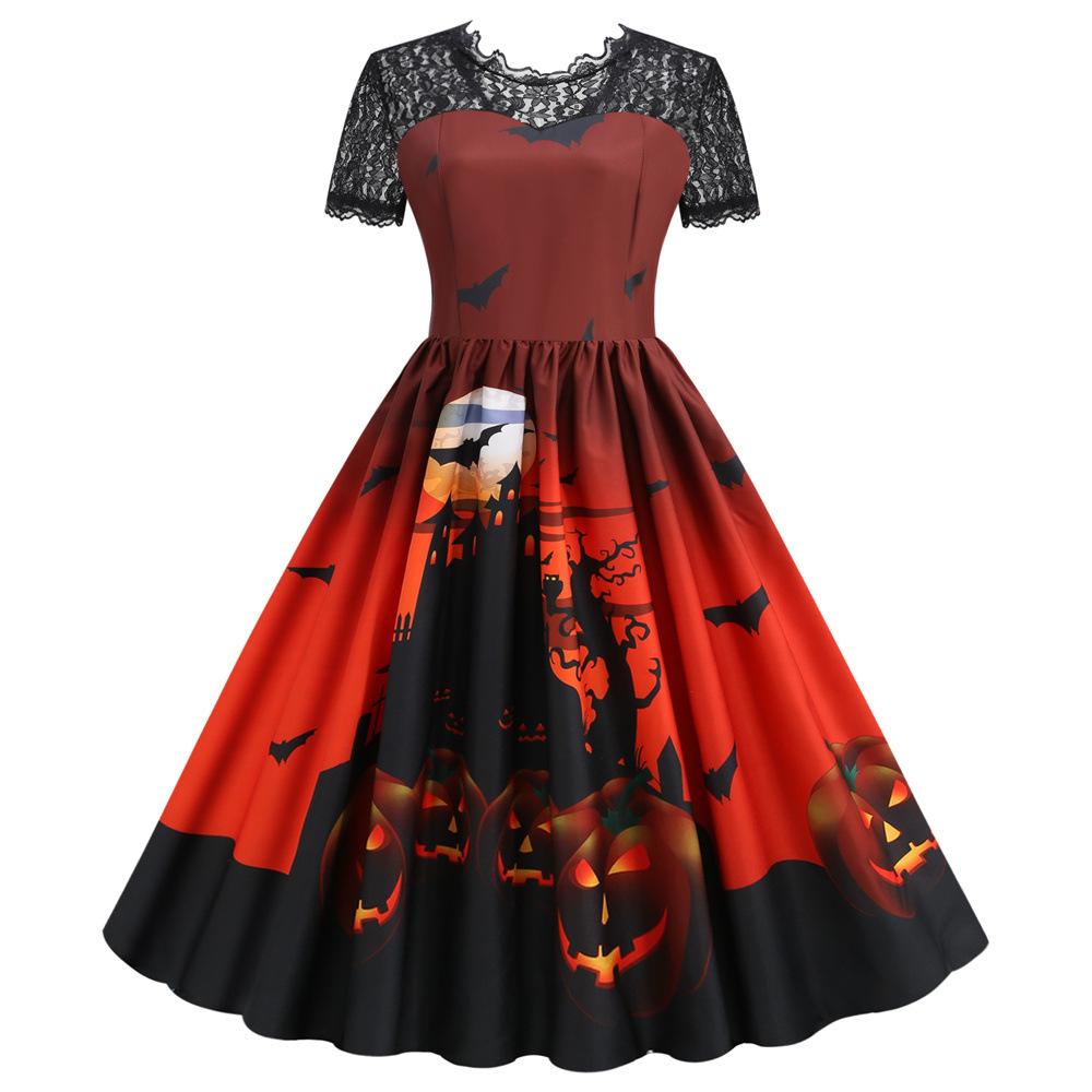 Women Halloween Lace Patchwork Printed Slim Fit Short Sleeve Big Swing Dress