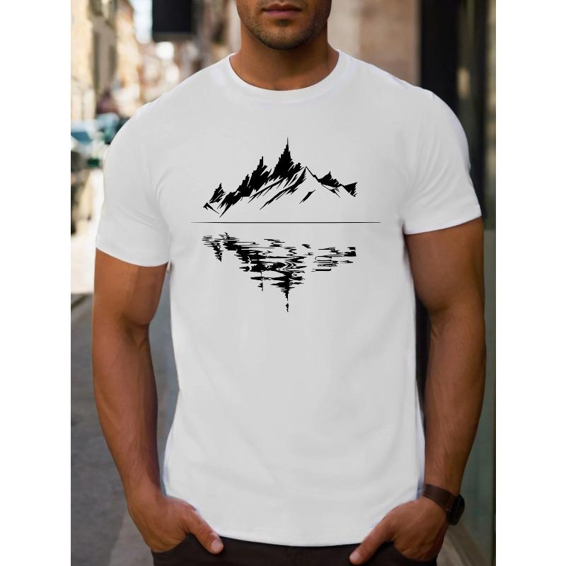 Men's Summer 100% Pure Cotton Fashionable Casual Loose Fit Plus Mountain Reflection Printed Round Neck Short Sleeved T-shirt Top