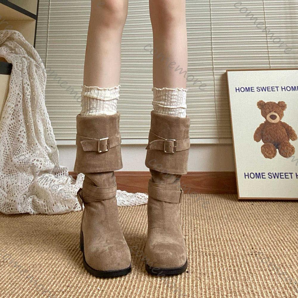 Comemore Plateforme Talon Épais Femmes Bottes Western Cowboy à Enfiler Pliées Pile Bottines Longues Chaussures Féminines Automne Hiver