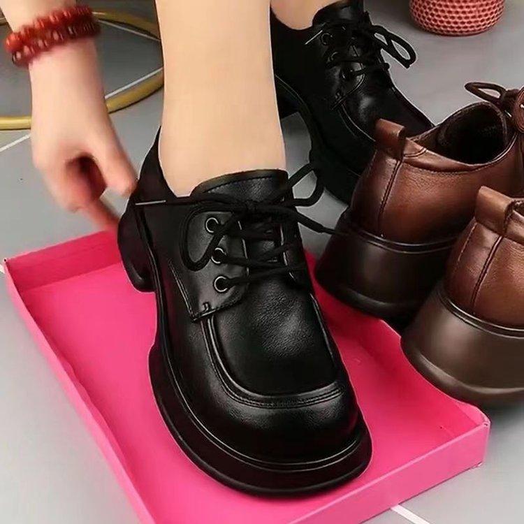 Snøresko små skinnsko dame vår ny enkel rund tå snøring retro firkantede hæler enkeltsko