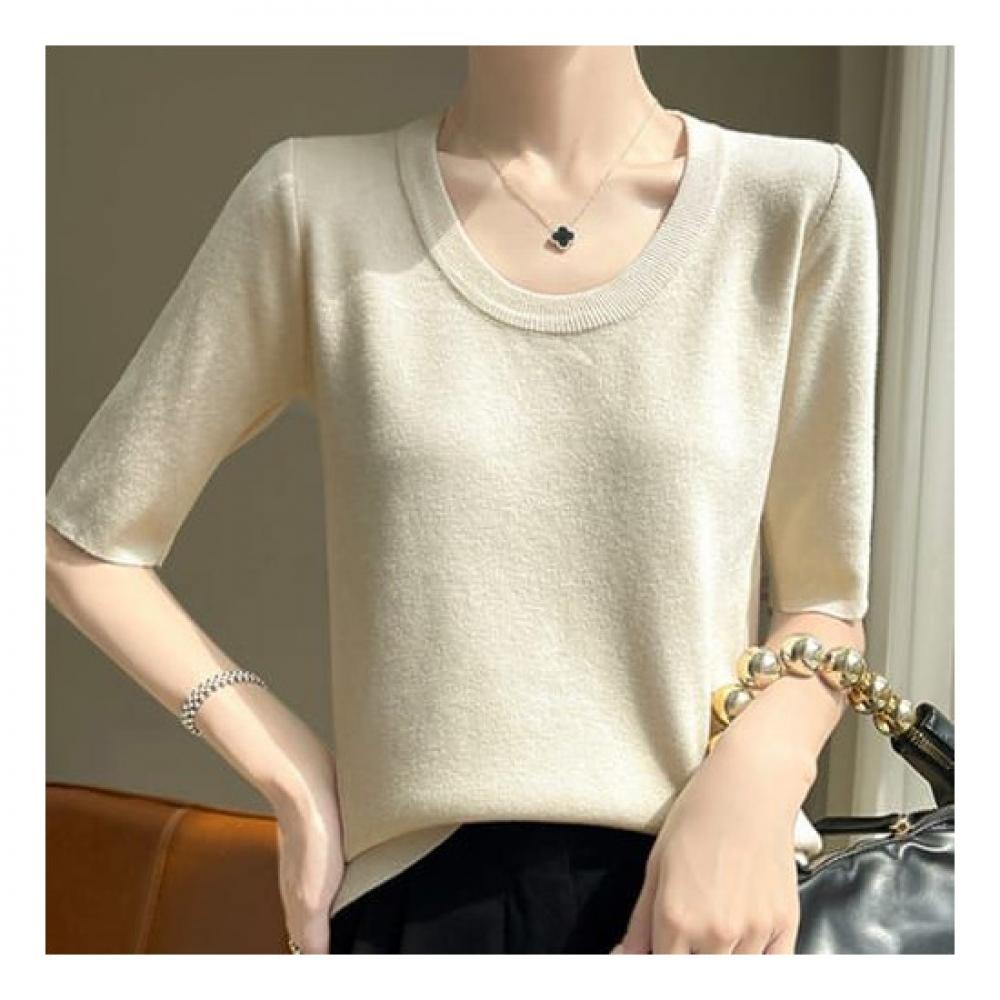 Navava Unisex Simple Daily U Neck 5 Short Sleeve Knit Nk2078