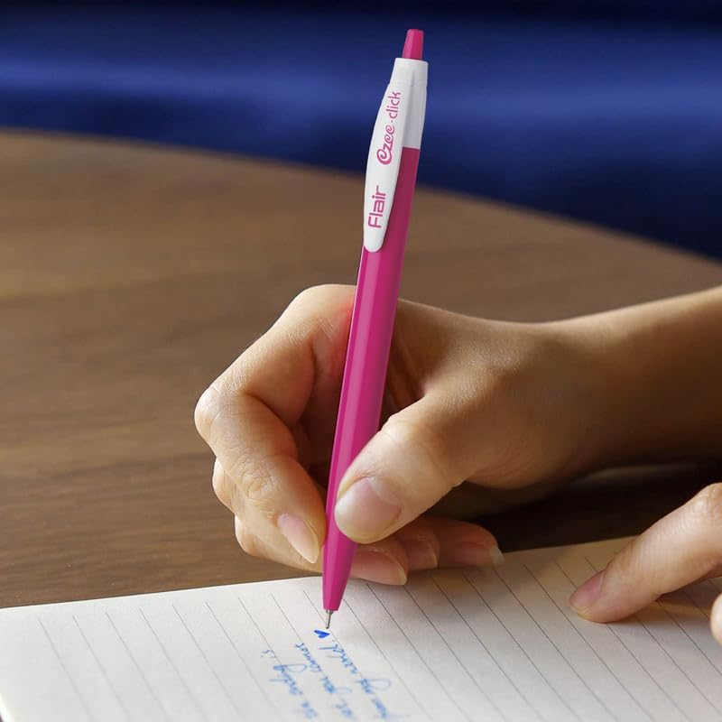 FLAIR Ezee Click 0.7 to 1 mm Ball Pen Pouch Pack Retractable Comfortable Grip Smooth Writing Blue Ink Pack of 1 x 4 pouch total 20 pen