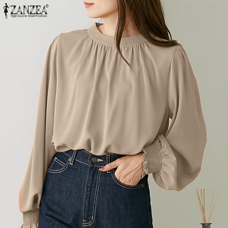 

ZANZEA Женская повседневная свободная блузка с длинным рукавом и круглым вырезом