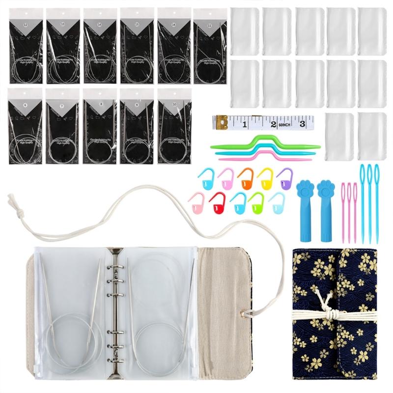 Circular Needle Organiser Bag with 12Pcs Removable Zippered PVC Binder Pocket Portable Knitting Needle Case For Sewing