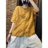 Cotton and Linen Short-sleeved Round Neck Shirt Women's Summer Retro Literary Loose All-match Cardigan Top