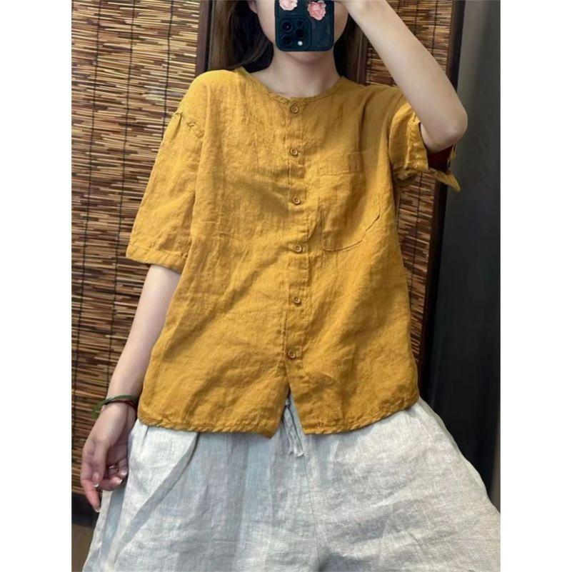 Cotton and Linen Short-sleeved Round Neck Shirt Women's Summer Retro Literary Loose All-match Cardigan Top