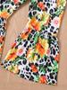 Girls Fashion Spring Autumn 2 Piece Sets Long Sleeve Letter Flared Cuff Pullover Top Flower Leopard Print Flared Pants Outfit