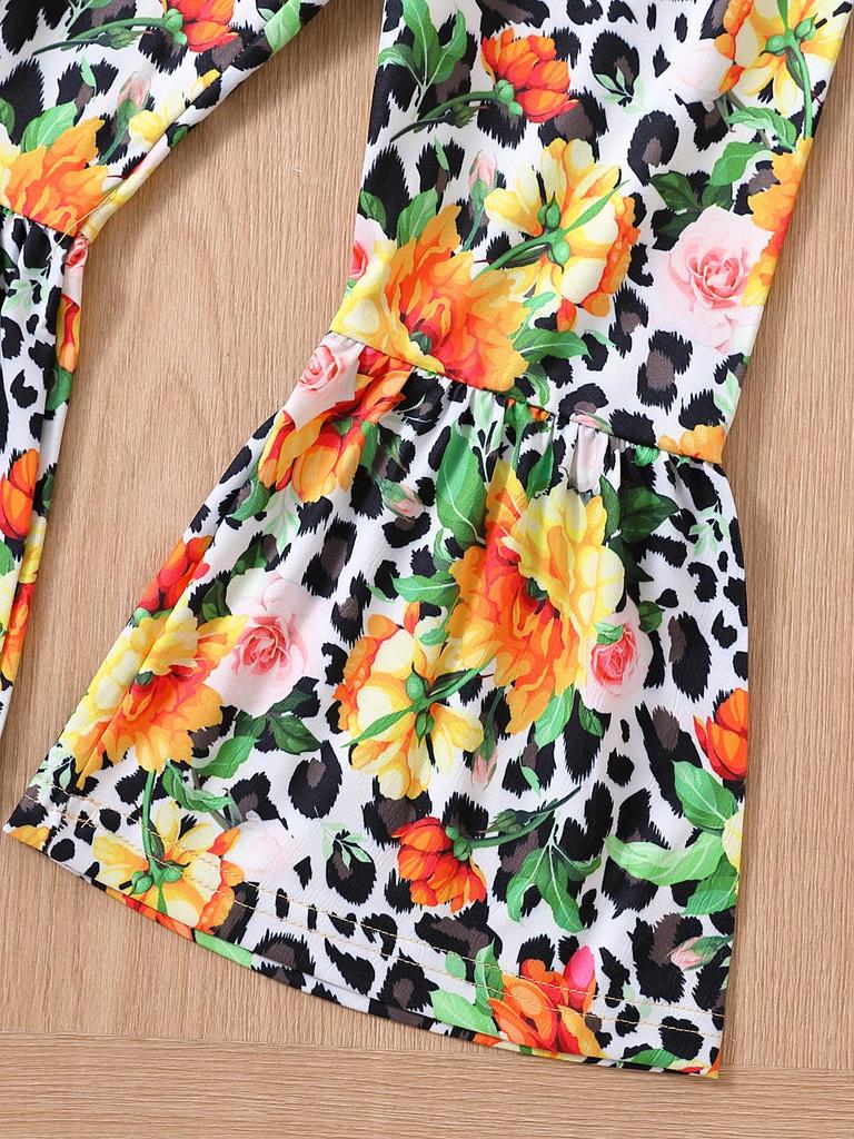 Girls Fashion Spring Autumn 2 Piece Sets Long Sleeve Letter Flared Cuff Pullover Top Flower Leopard Print Flared Pants Outfit
