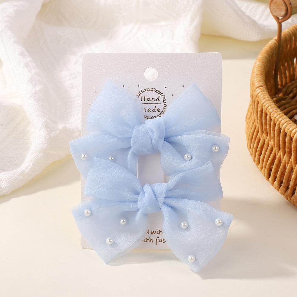 2Pcs/Set Pearl Bows Hair Clips Cute Sweet Girls Side Clip Solid Color Hairpin Handmade with Bow Hair Accessories Headdress Gifts