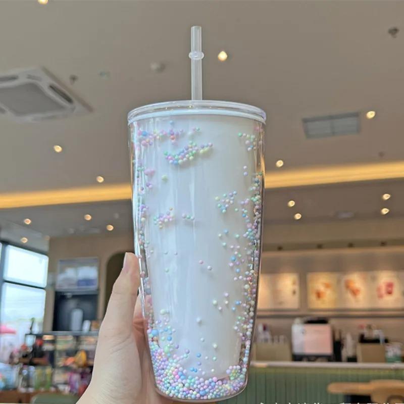 

780 мл большой стакан с трубочкой милые кавайные макароны пузырьки чашки с трубочками двойные стенки пластиковая бутылка для воды посуда для девочек и женщин 780ml белый