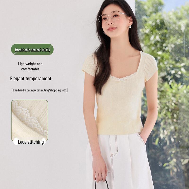 

HSTYLE Women s U-Neck Knit Top with Lace Trim One Size