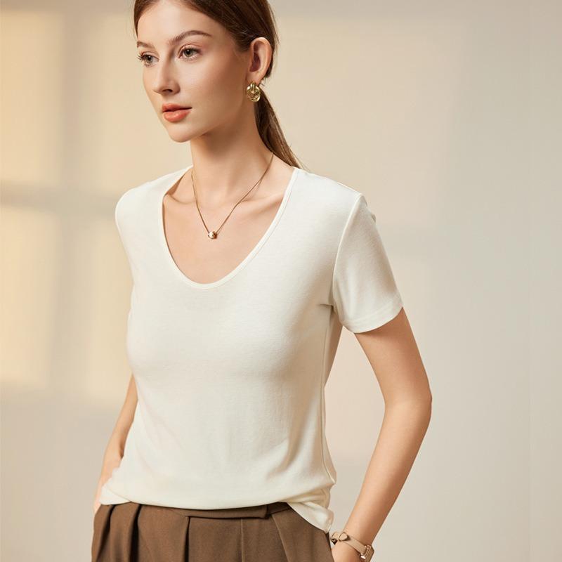 Women's Spring Nude Skin Feeling Lycell Vinyl Fibre Wool V-neck T-shirt Elastic Slim Bottoming Shirt