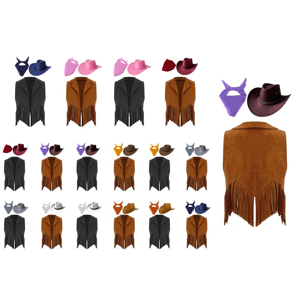Kids Cowgirl Vest Suede Fringe Tassel Western Costume Set with Bandana Hat for Halloween Rodeo Role Play