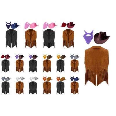 Kids Cowgirl Vest Suede Fringe Tassel Western Costume Set with Bandana Hat for Halloween Rodeo Role Play