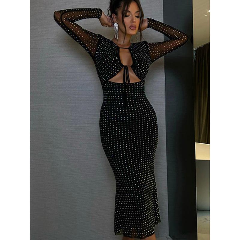 Fashion Sequin Lace-up Hollow Out Sexy Evening Dress Women Long Sleeve Mesh Splicing Party Dresses Women Elegant Slim Casual Black Long Dress 25750