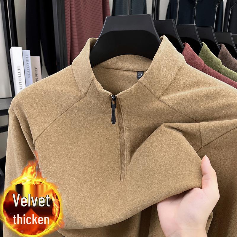 Men's Thick German Velvet Warm Half-Zip Stand Collar Sweatshirt - Solid Color Autumn/Winter