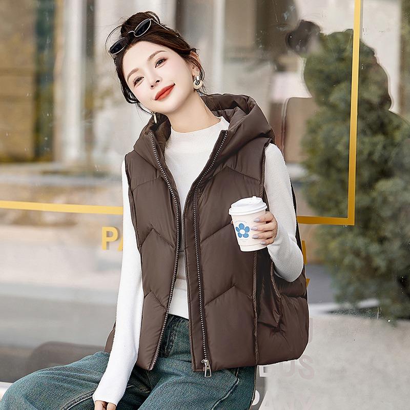Autumn and Winter New Temperament Hooded Cotton Vest Women's Cold and Warm Short Vest Cotton Vest Slim Jacket
