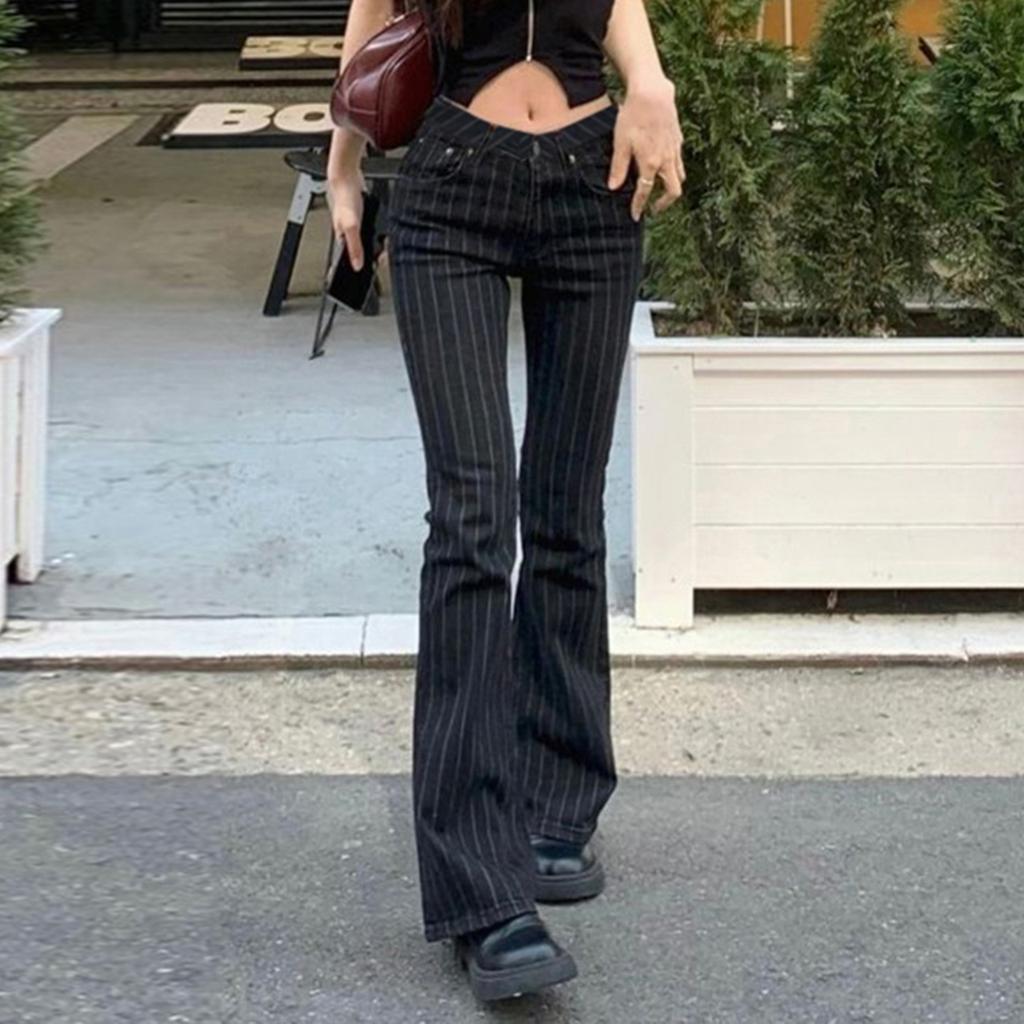 Ropa Y2k Jeans de Tiro Bajo Acampanados para Mujer Pantalones de Mezclilla Rayados Negros Casuales Streetwear Pantalones de Campana