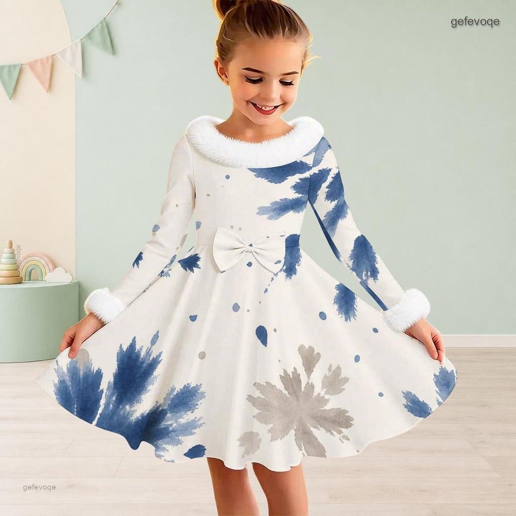 Little Girls Furry Collar Long Sleeve Printed A Line Flared Dress