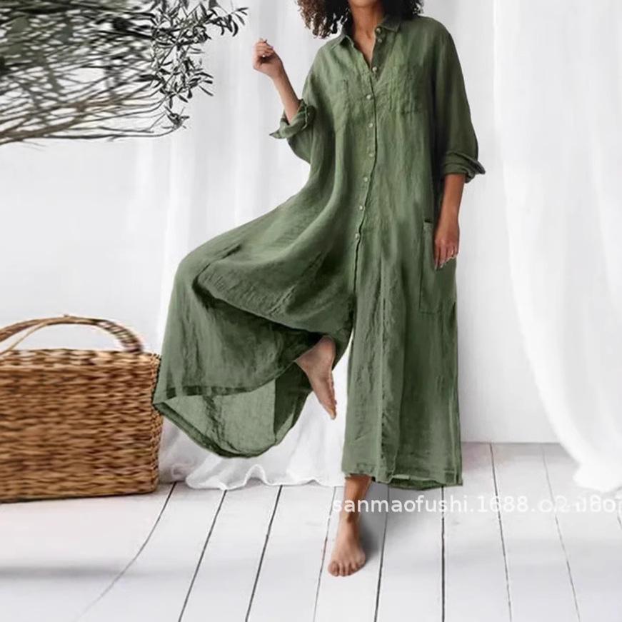 Effen kleur casual lange mouwen middellange en lange katoenen en linnen shirt jumpsuit dames