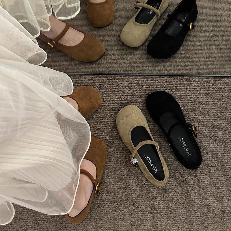 Retro Flat Mary Jane Shoes with Skirt Suede Black Light Mouth Soft Sole Single Shoes Women's Comfortable Women's Shoes New