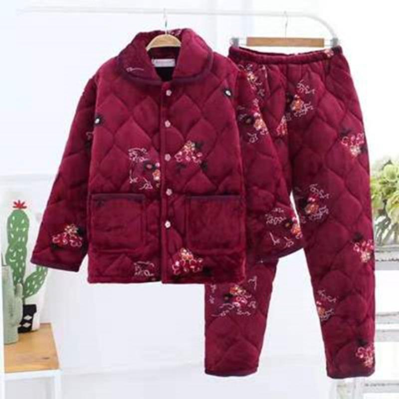 Coral fleece women's pajamas three-layer padded cotton thickened pregnancy postpartum breastfeeding set thermal loungewear